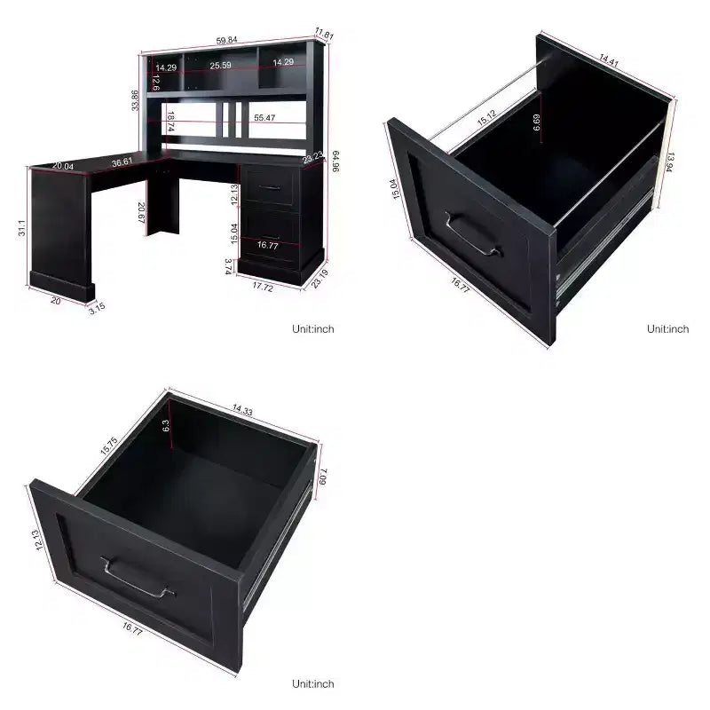 Homy Casa L-Shaped Computer Desk with Hutch and Drawers, Modern Home Office Corner Workstation, Black