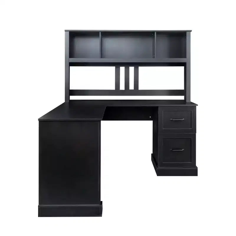 Homy Casa L-Shaped Computer Desk with Hutch and Drawers, Modern Home Office Corner Workstation, Black