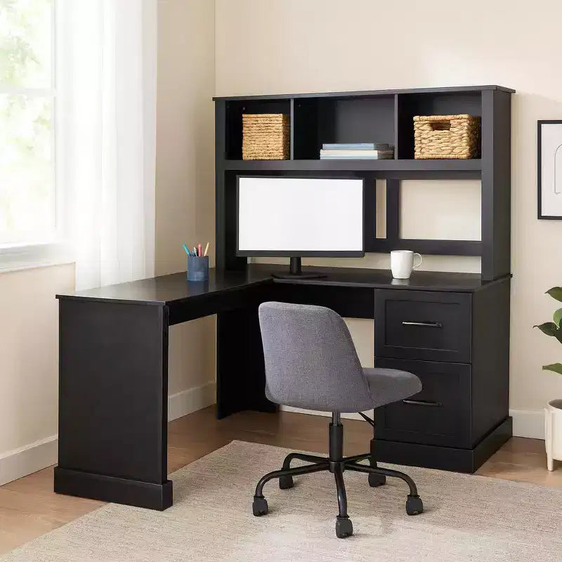 Homy Casa L-Shaped Computer Desk with Hutch and Drawers, Modern Home Office Corner Workstation, Black