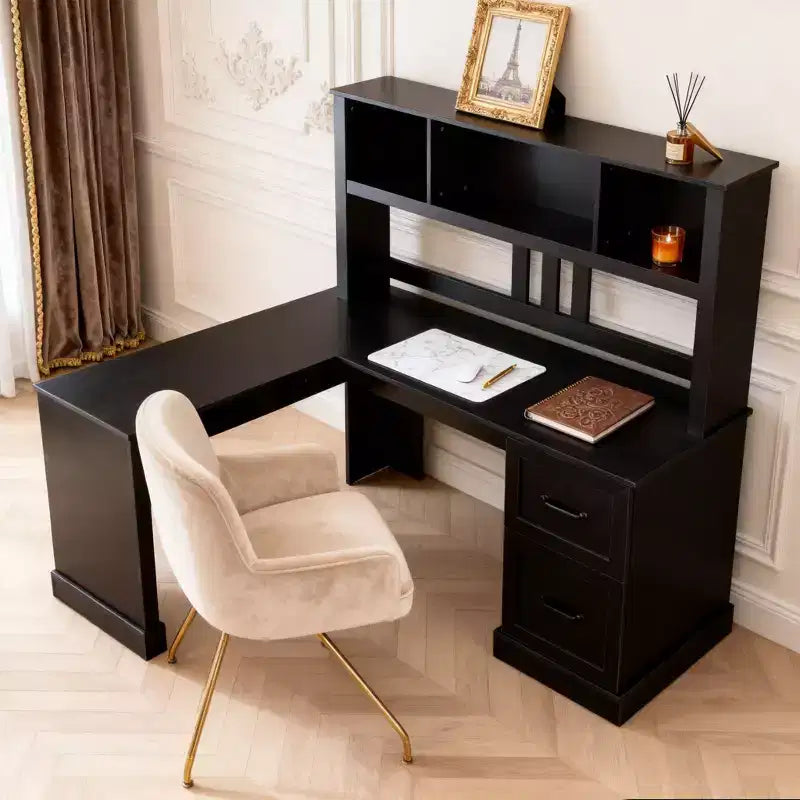Homy Casa L-Shaped Computer Desk with Hutch and Drawers, Modern Home Office Corner Workstation, Black