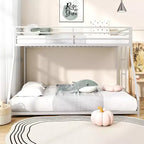 ZevemomoTwin Over Full Bunk Bed, Metal Low Profile Bunkbeds with Full-Length Guardrail and Ladder, Space Saving, No Boxing Spring Needed, White