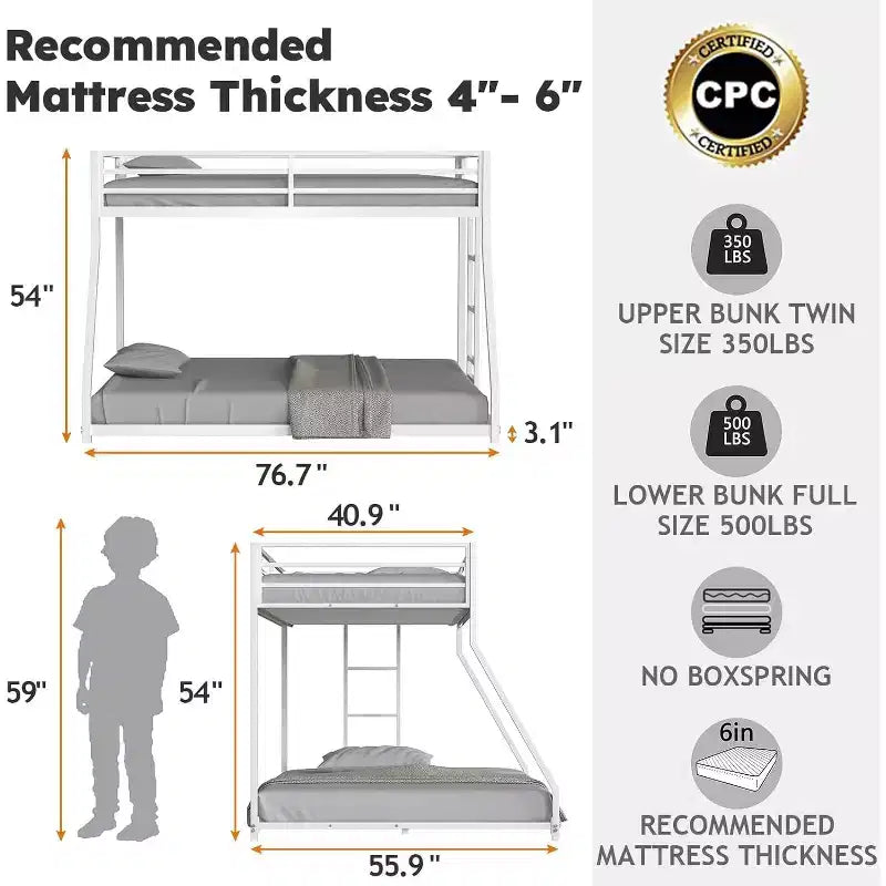 ZevemomoTwin Over Full Bunk Bed, Metal Low Profile Bunkbeds with Full-Length Guardrail and Ladder, Space Saving, No Boxing Spring Needed, White