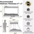ZevemomoTwin Over Full Bunk Bed, Metal Low Profile Bunkbeds with Full-Length Guardrail and Ladder, Space Saving, No Boxing Spring Needed, White