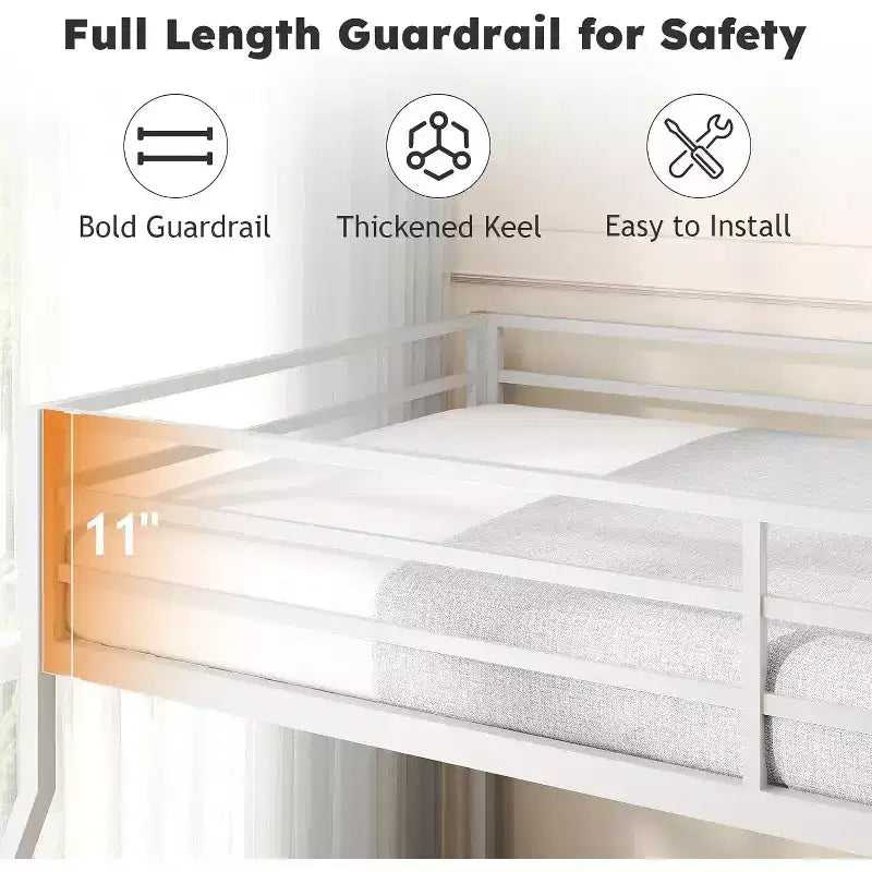 ZevemomoTwin Over Full Bunk Bed, Metal Low Profile Bunkbeds with Full-Length Guardrail and Ladder, Space Saving, No Boxing Spring Needed, White