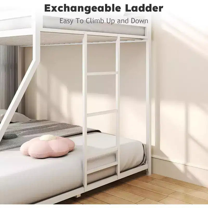 ZevemomoTwin Over Full Bunk Bed, Metal Low Profile Bunkbeds with Full-Length Guardrail and Ladder, Space Saving, No Boxing Spring Needed, White