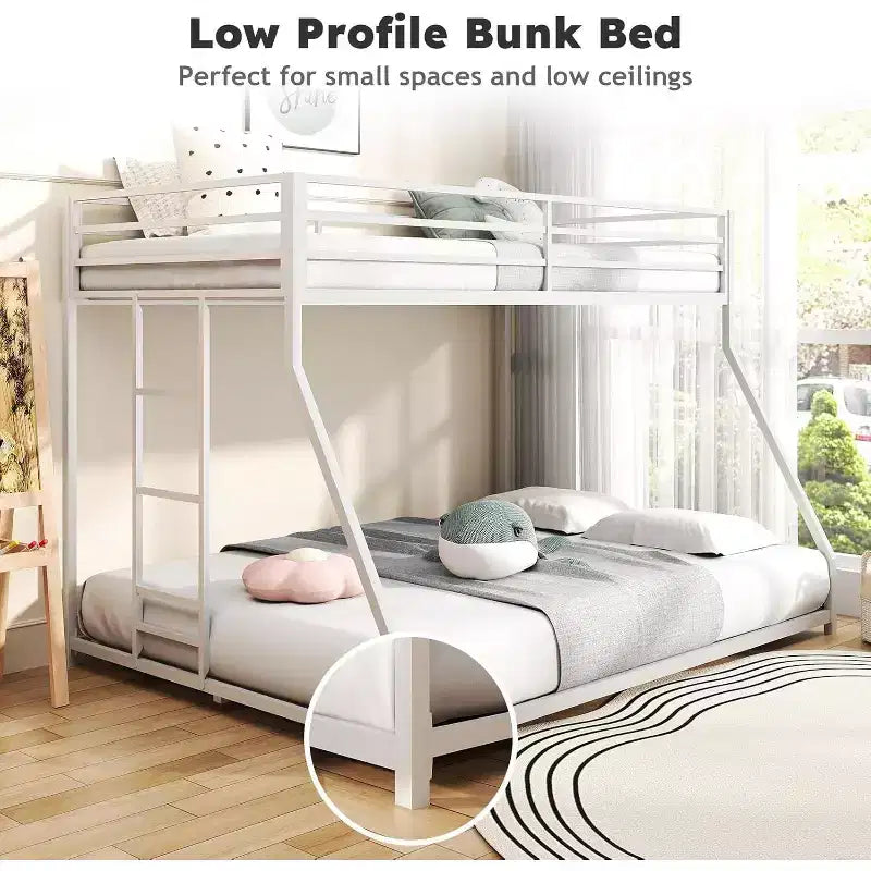 ZevemomoTwin Over Full Bunk Bed, Metal Low Profile Bunkbeds with Full-Length Guardrail and Ladder, Space Saving, No Boxing Spring Needed, White