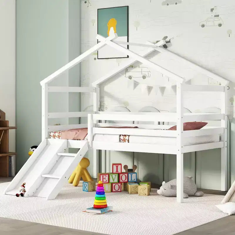 Okak 81.7IN Low Twin Kids Loft Bed with Slide, Twin Bed with Ladder, Safety Guardrails and House Roof Frame, Bed Frames for Kids Room