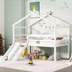 Okak 81.7IN Low Twin Kids Loft Bed with Slide, Twin Bed with Ladder, Safety Guardrails and House Roof Frame, Bed Frames for Kids Room