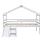 Okak 81.7IN Low Twin Kids Loft Bed with Slide, Twin Bed with Ladder, Safety Guardrails and House Roof Frame, Bed Frames for Kids Room