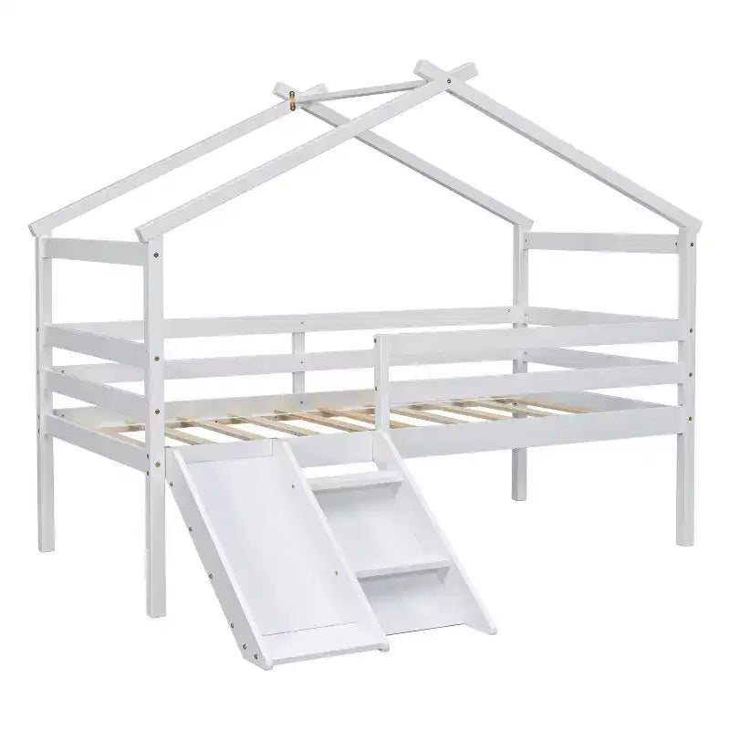 Okak 81.7IN Low Twin Kids Loft Bed with Slide, Twin Bed with Ladder, Safety Guardrails and House Roof Frame, Bed Frames for Kids Room