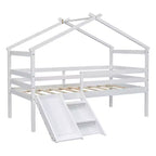 Okak 81.7IN Low Twin Kids Loft Bed with Slide, Twin Bed with Ladder, Safety Guardrails and House Roof Frame, Bed Frames for Kids Room