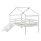 Okak 81.7IN Low Twin Kids Loft Bed with Slide, Twin Bed with Ladder, Safety Guardrails and House Roof Frame, Bed Frames for Kids Room