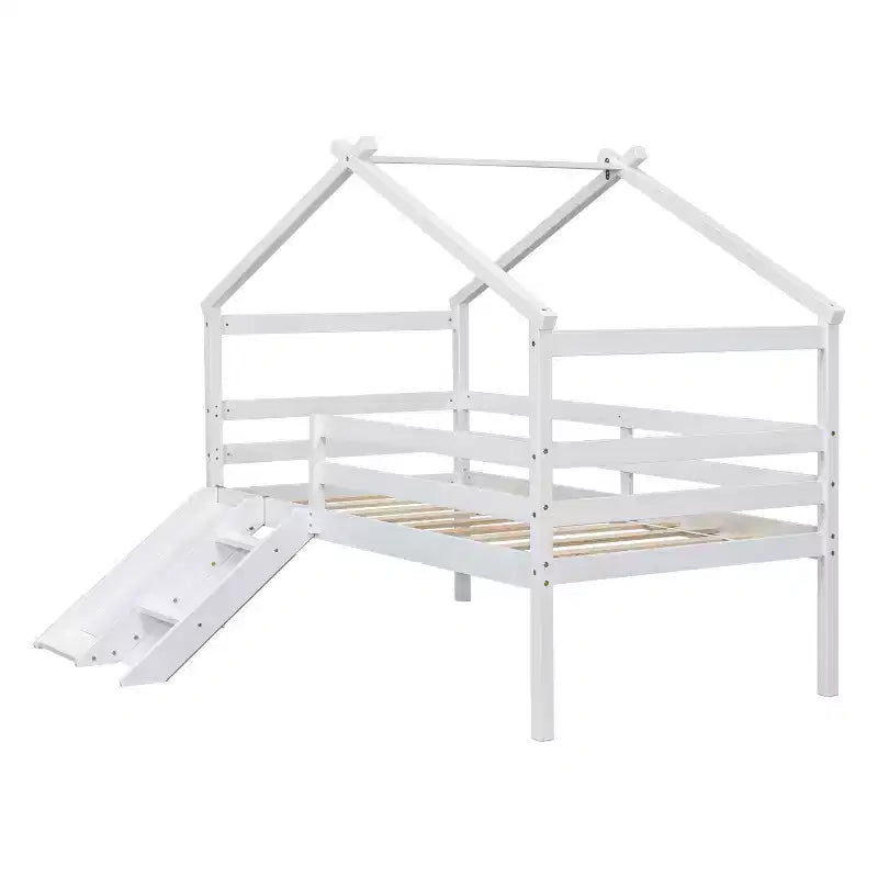 Okak 81.7IN Low Twin Kids Loft Bed with Slide, Twin Bed with Ladder, Safety Guardrails and House Roof Frame, Bed Frames for Kids Room