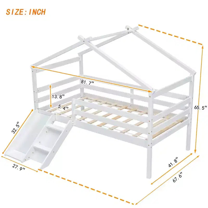 Okak 81.7IN Low Twin Kids Loft Bed with Slide, Twin Bed with Ladder, Safety Guardrails and House Roof Frame, Bed Frames for Kids Room