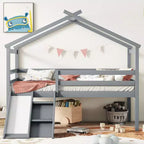 Okak 81.7IN Low Twin Kids Loft Bed with Slide, Twin Bed with Ladder, Safety Guardrails and House Roof Frame, Bed Frames for Kids Room