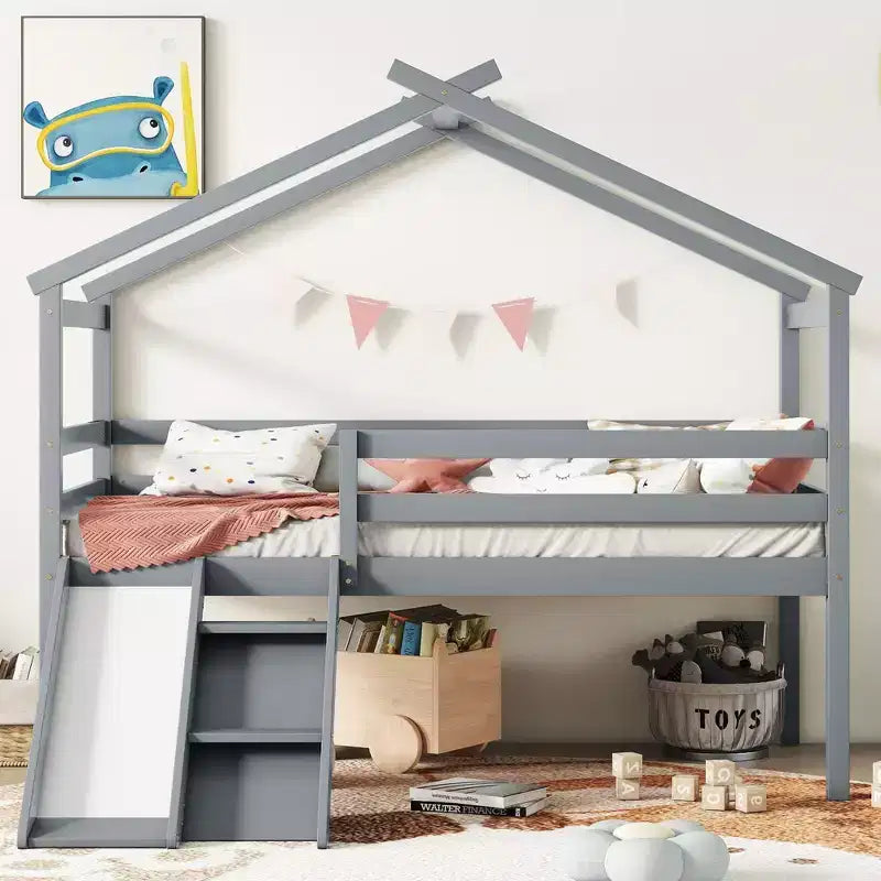 Okak 81.7IN Low Twin Kids Loft Bed with Slide, Twin Bed with Ladder, Safety Guardrails and House Roof Frame, Bed Frames for Kids Room