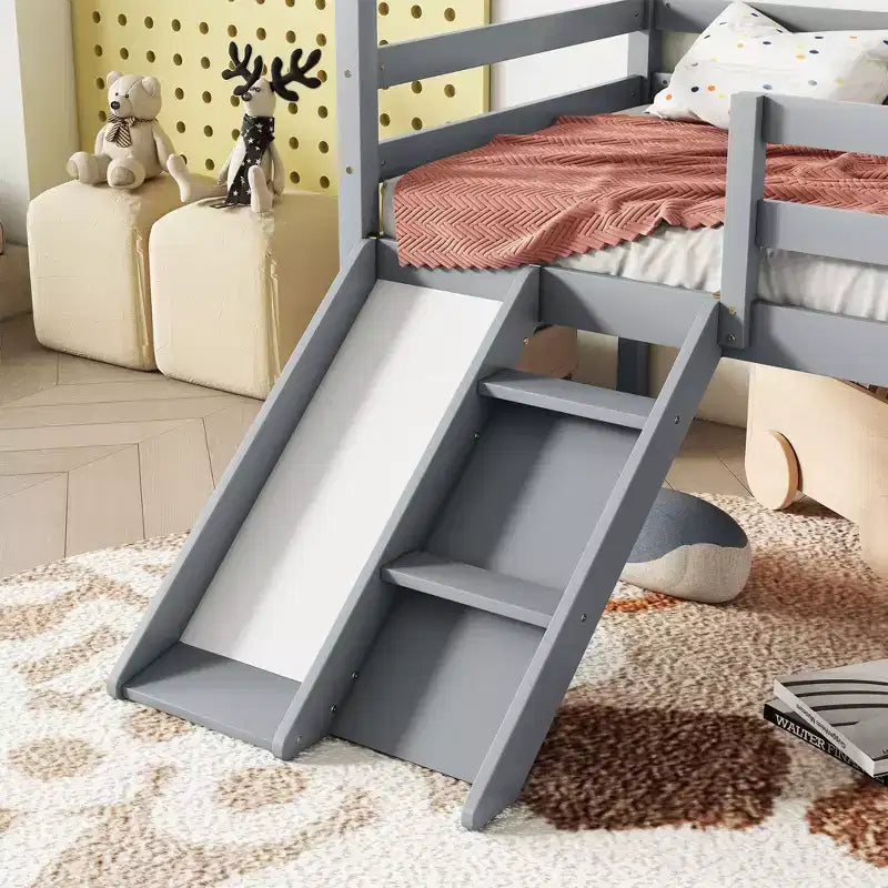 Okak 81.7IN Low Twin Kids Loft Bed with Slide, Twin Bed with Ladder, Safety Guardrails and House Roof Frame, Bed Frames for Kids Room