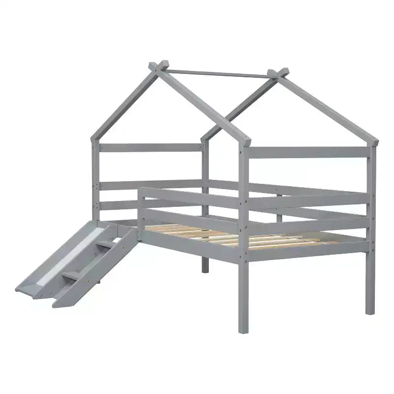 Okak 81.7IN Low Twin Kids Loft Bed with Slide, Twin Bed with Ladder, Safety Guardrails and House Roof Frame, Bed Frames for Kids Room