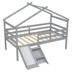 Okak 81.7IN Low Twin Kids Loft Bed with Slide, Twin Bed with Ladder, Safety Guardrails and House Roof Frame, Bed Frames for Kids Room