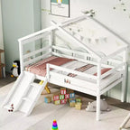 Okak 81.7IN Low Twin Kids Loft Bed with Slide, Twin Bed with Ladder, Safety Guardrails and House Roof Frame, Bed Frames for Kids Room