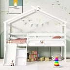Okak 81.7IN Low Twin Kids Loft Bed with Slide, Twin Bed with Ladder, Safety Guardrails and House Roof Frame, Bed Frames for Kids Room