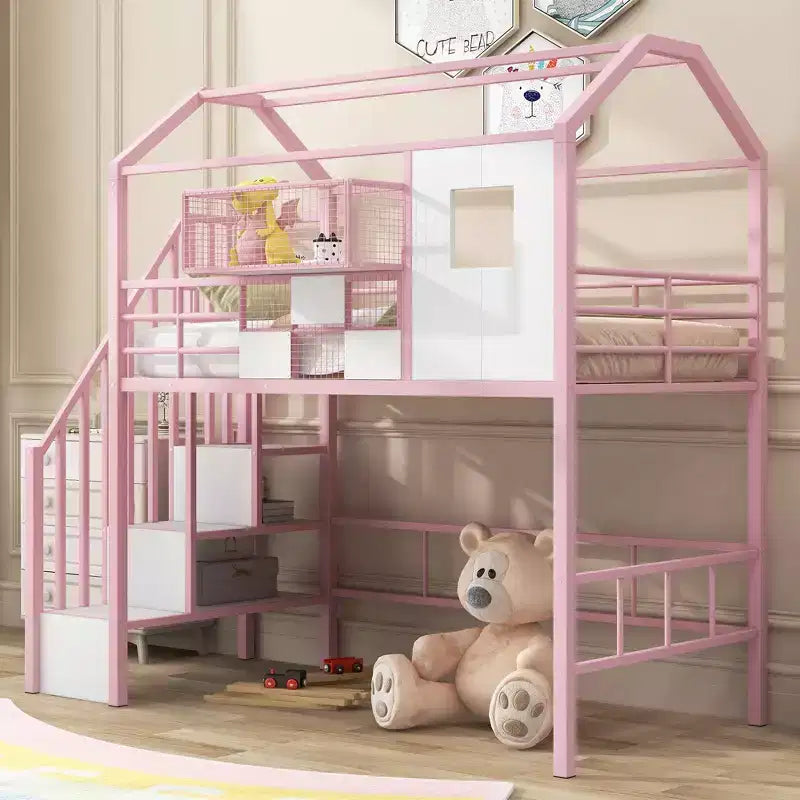 Okak 93.7IN Metal Loft Bed with House Roof Design, Bed Frames with Storage Shelves and Basket, Twin Bed for Living Room, Bedroom