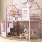 Okak 93.7IN Metal Loft Bed with House Roof Design, Bed Frames with Storage Shelves and Basket, Twin Bed for Living Room, Bedroom