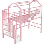 Okak 93.7IN Metal Loft Bed with House Roof Design, Bed Frames with Storage Shelves and Basket, Twin Bed for Living Room, Bedroom