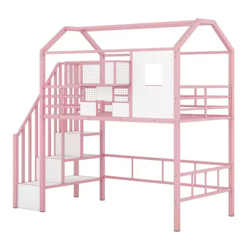 Okak 93.7IN Metal Loft Bed with House Roof Design, Bed Frames with Storage Shelves and Basket, Twin Bed for Living Room, Bedroom