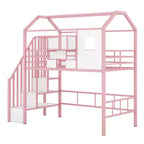 Okak 93.7IN Metal Loft Bed with House Roof Design, Bed Frames with Storage Shelves and Basket, Twin Bed for Living Room, Bedroom