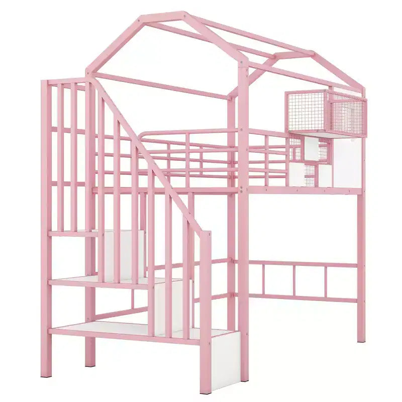 Okak 93.7IN Metal Loft Bed with House Roof Design, Bed Frames with Storage Shelves and Basket, Twin Bed for Living Room, Bedroom