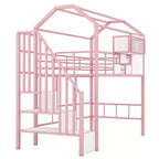 Okak 93.7IN Metal Loft Bed with House Roof Design, Bed Frames with Storage Shelves and Basket, Twin Bed for Living Room, Bedroom