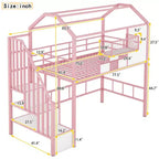 Okak 93.7IN Metal Loft Bed with House Roof Design, Bed Frames with Storage Shelves and Basket, Twin Bed for Living Room, Bedroom