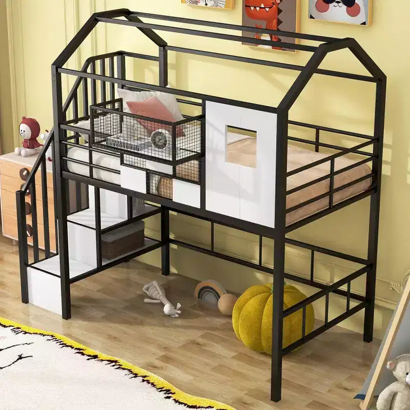 Okak 93.7IN Metal Loft Bed with House Roof Design, Bed Frames with Storage Shelves and Basket, Twin Bed for Living Room, Bedroom