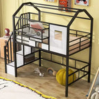 Okak 93.7IN Metal Loft Bed with House Roof Design, Bed Frames with Storage Shelves and Basket, Twin Bed for Living Room, Bedroom