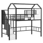 Okak 93.7IN Metal Loft Bed with House Roof Design, Bed Frames with Storage Shelves and Basket, Twin Bed for Living Room, Bedroom