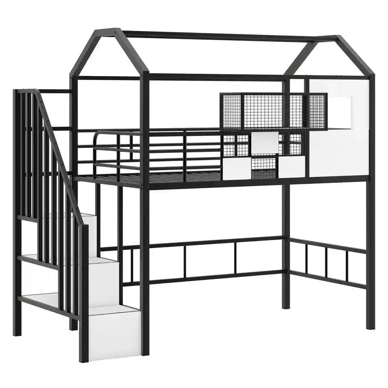 Okak 93.7IN Metal Loft Bed with House Roof Design, Bed Frames with Storage Shelves and Basket, Twin Bed for Living Room, Bedroom