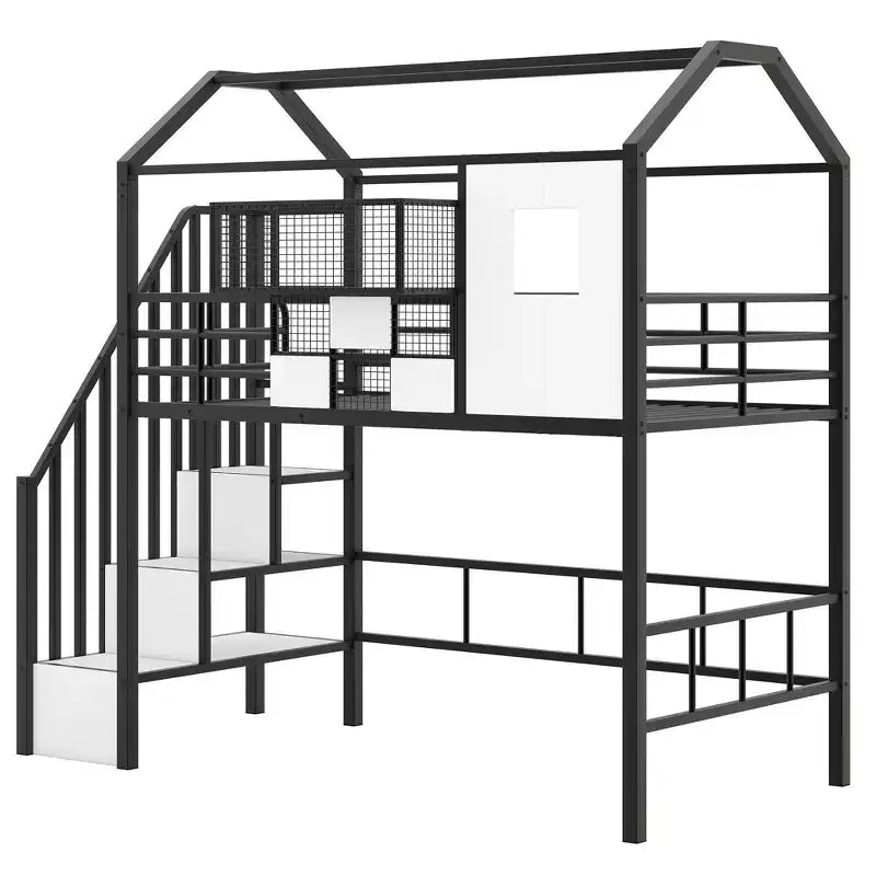Okak 93.7IN Metal Loft Bed with House Roof Design, Bed Frames with Storage Shelves and Basket, Twin Bed for Living Room, Bedroom