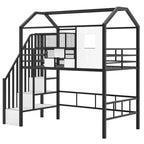 Okak 93.7IN Metal Loft Bed with House Roof Design, Bed Frames with Storage Shelves and Basket, Twin Bed for Living Room, Bedroom