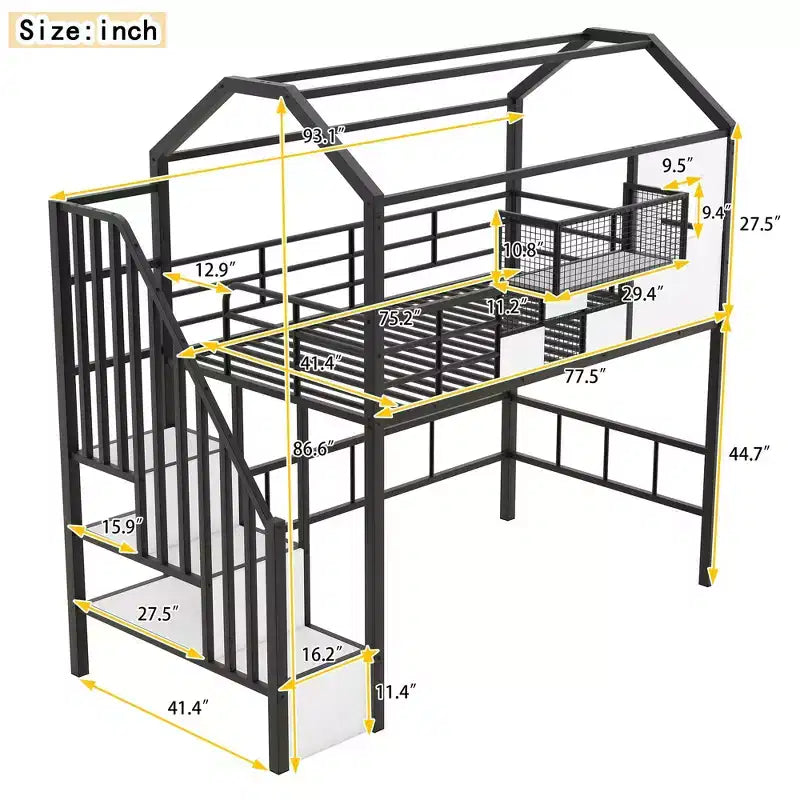Okak 93.7IN Metal Loft Bed with House Roof Design, Bed Frames with Storage Shelves and Basket, Twin Bed for Living Room, Bedroom