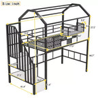 Okak 93.7IN Metal Loft Bed with House Roof Design, Bed Frames with Storage Shelves and Basket, Twin Bed for Living Room, Bedroom