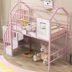 Okak 93.7IN Metal Loft Bed with House Roof Design, Bed Frames with Storage Shelves and Basket, Twin Bed for Living Room, Bedroom