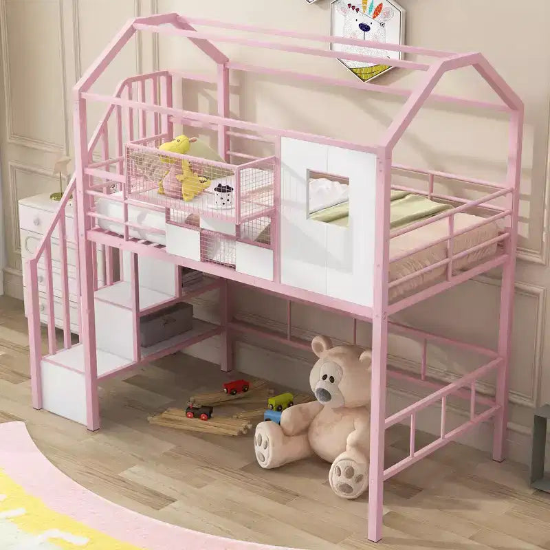 Okak 93.7IN Metal Loft Bed with House Roof Design, Bed Frames with Storage Shelves and Basket, Twin Bed for Living Room, Bedroom