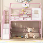 Okak 93.7IN Metal Loft Bed with House Roof Design, Bed Frames with Storage Shelves and Basket, Twin Bed for Living Room, Bedroom