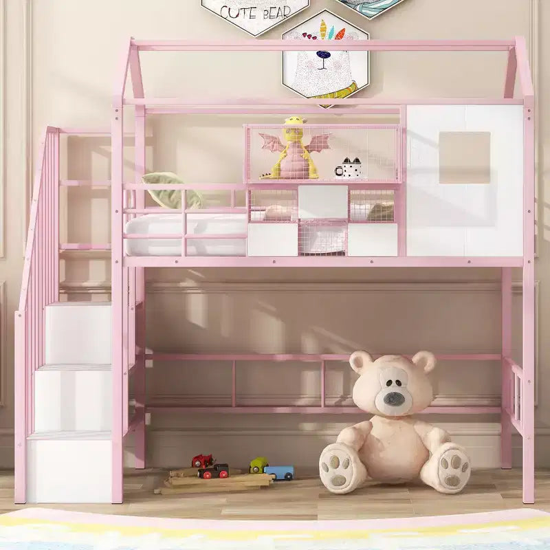 Okak 93.7IN Metal Loft Bed with House Roof Design, Bed Frames with Storage Shelves and Basket, Twin Bed for Living Room, Bedroom