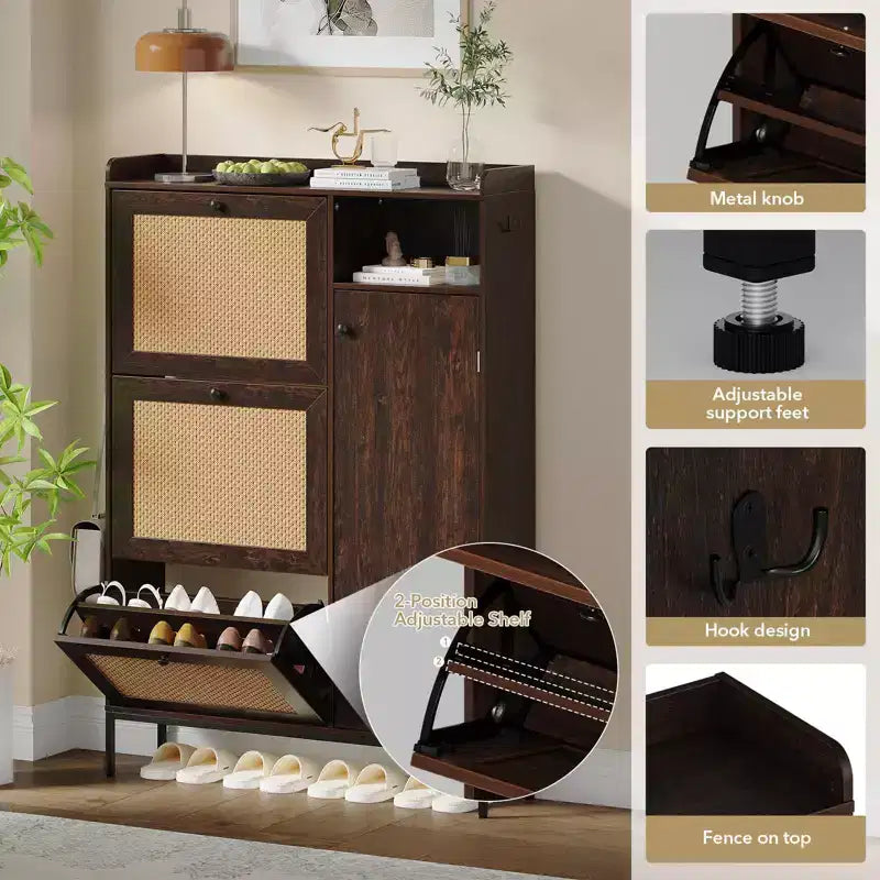 3-Drawer Rattan Shoe Storage Cabinet Freestanding Organizer for Entryway/Hallway (Easy Assembly)