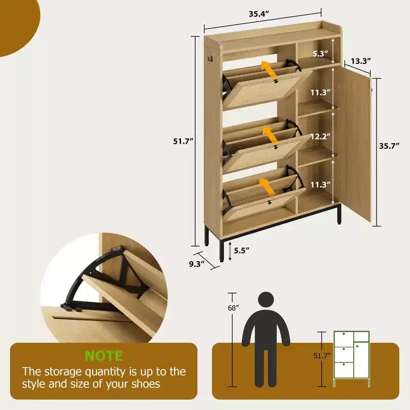 3-Drawer Rattan Shoe Storage Cabinet Freestanding Organizer for Entryway/Hallway (Easy Assembly)