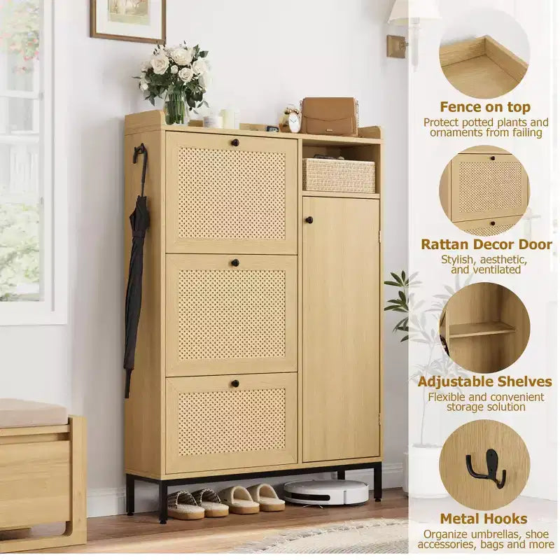 3-Drawer Rattan Shoe Storage Cabinet Freestanding Organizer for Entryway/Hallway (Easy Assembly)
