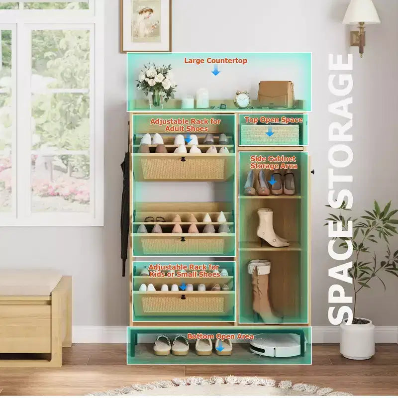 3-Drawer Rattan Shoe Storage Cabinet Freestanding Organizer for Entryway/Hallway (Easy Assembly)
