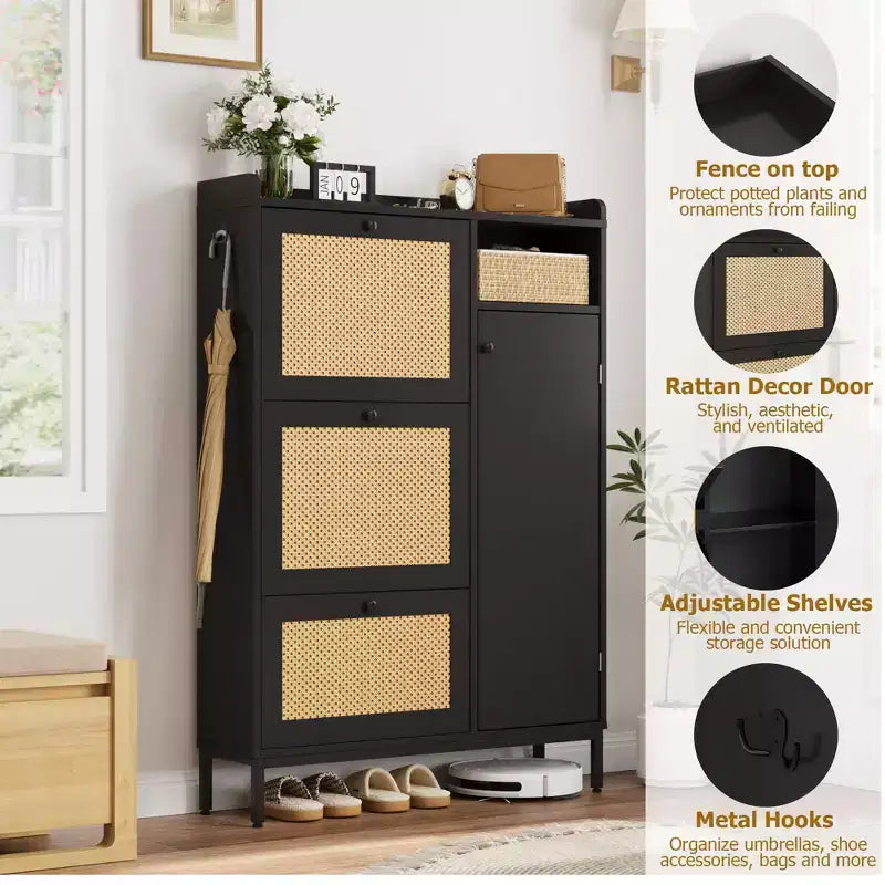 3-Drawer Rattan Shoe Storage Cabinet Freestanding Organizer for Entryway/Hallway (Easy Assembly)